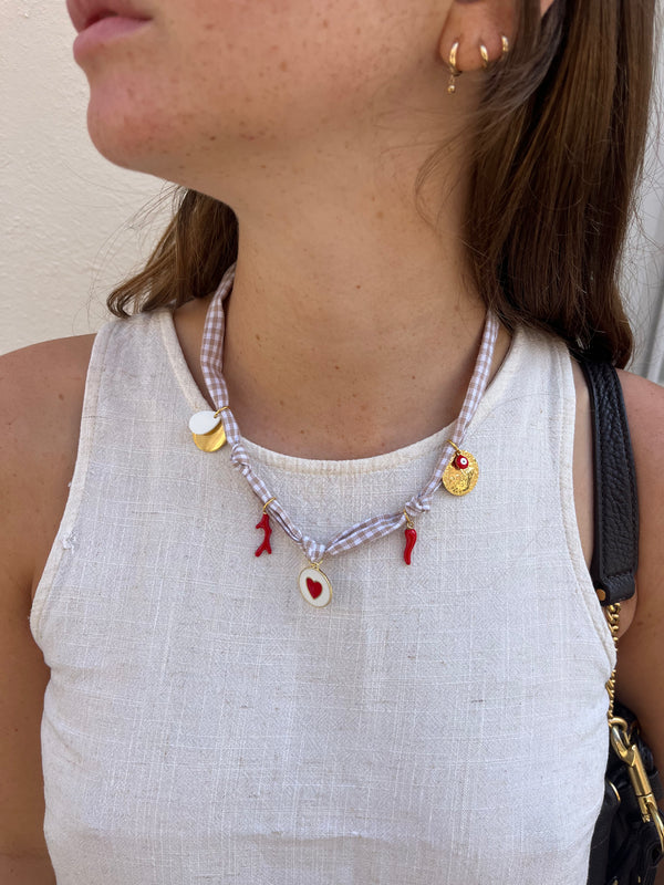 Collier Vichy & Charms Rouges
